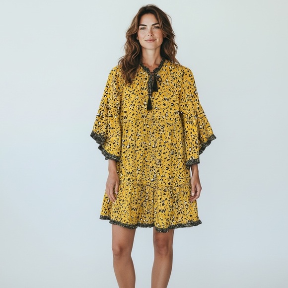 Umgee Dresses & Skirts - Umgee Leopard Print Bell Sleeve Mini Dress Ruffle Detail Tassel Tie Size Small